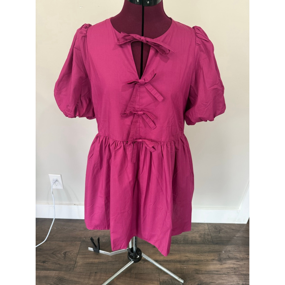 Entro Poplin Bow Front Puff Sleeve Dress Small Summer Spring